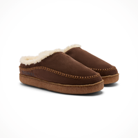 Men's slip-on moccasin slippers with dark brown suede upper, sherpa fleece lining, and rubber sole, pair view