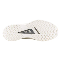 Bottom sole view of a tennis shoe showing white herringbone outsole pattern and dark grey heel window