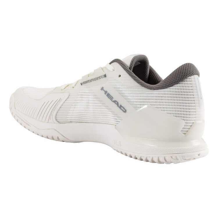 White tennis shoe with grey mesh panels and dark grey collar, rear three-quarter view