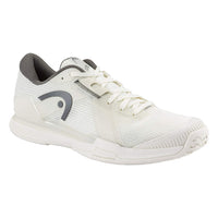 White tennis shoe with dark grey accents, mesh upper, and lateral stability logo, side view