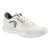 White tennis shoe with dark grey accents, mesh upper, and lateral stability logo, side view