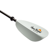 Two-piece kayak paddle with white blade and black carbon fiber shaft at angle