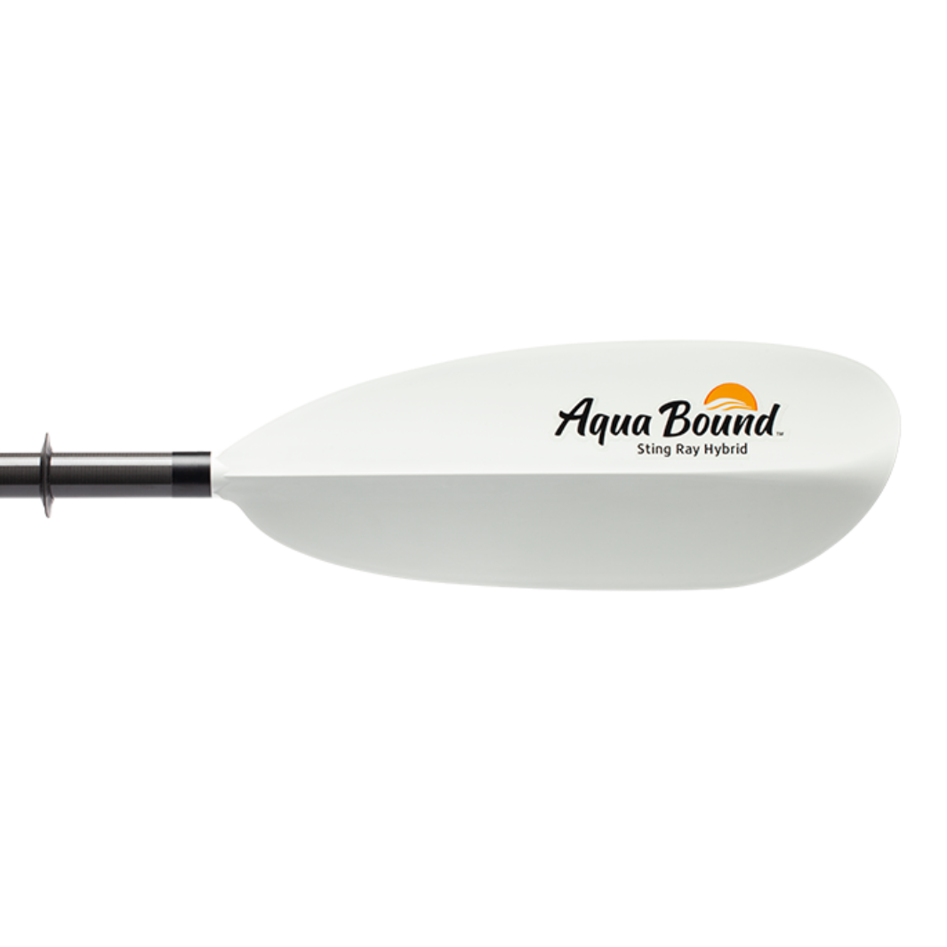 Two-piece kayak paddle with white blade and black shaft on clean background