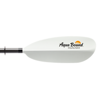 Two-piece kayak paddle with white blade and black shaft on clean background