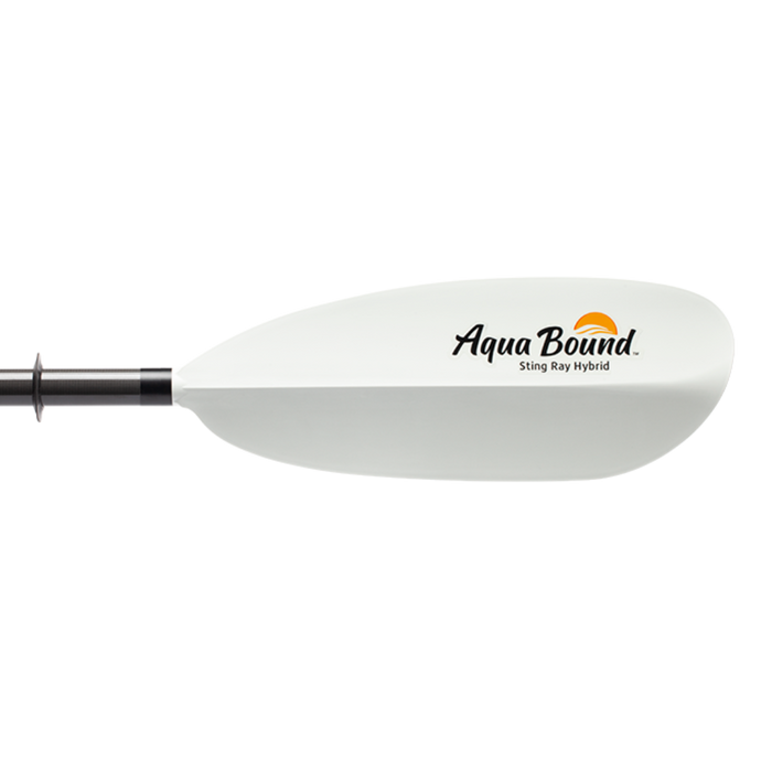 Two-piece kayak paddle with white blade and black shaft on clean background