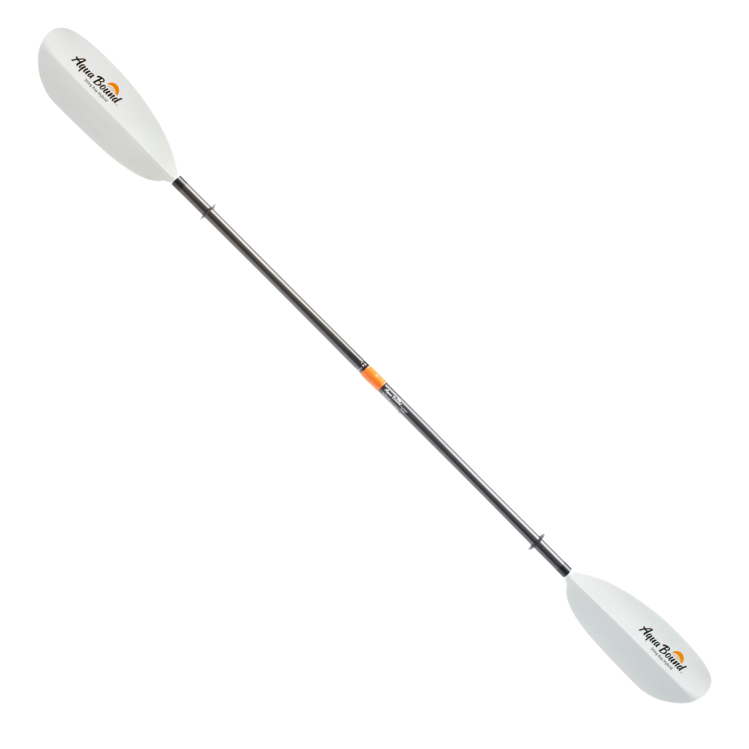 Two-piece kayak paddle with white blades and carbon fiber shaft with orange accents