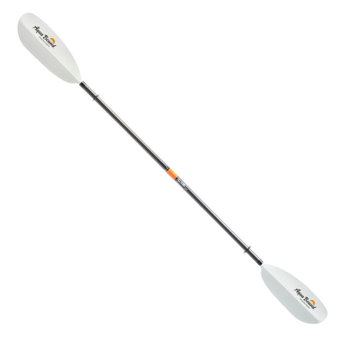 Two-piece kayak paddle with white blades and carbon fiber shaft with orange accents