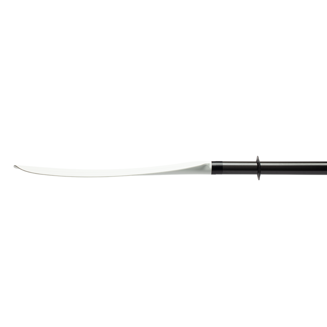 Two-piece kayak paddle with curved white blade and black handle shown in profile view