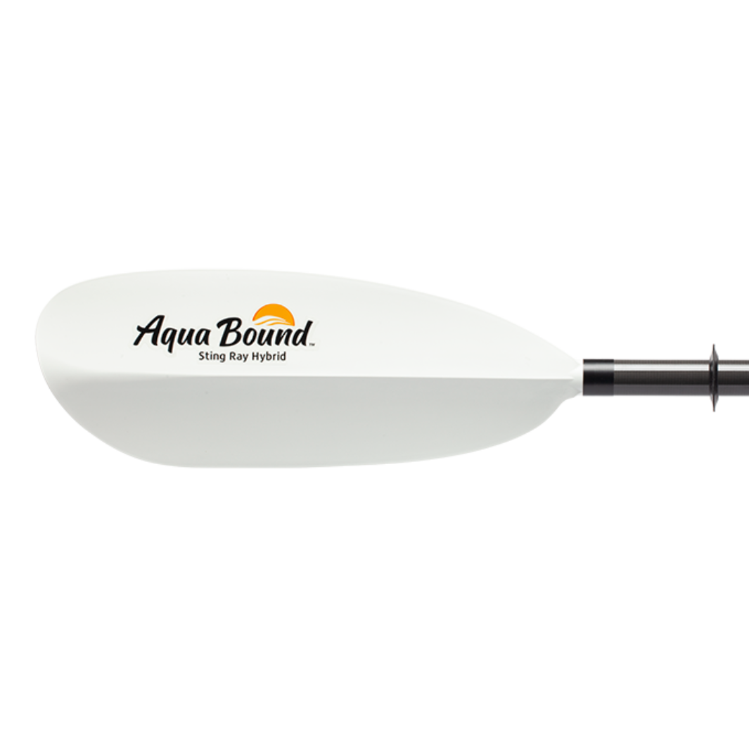 White kayak paddle blade with black shaft attachment, studio product view