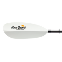 White kayak paddle blade with black shaft attachment, studio product view