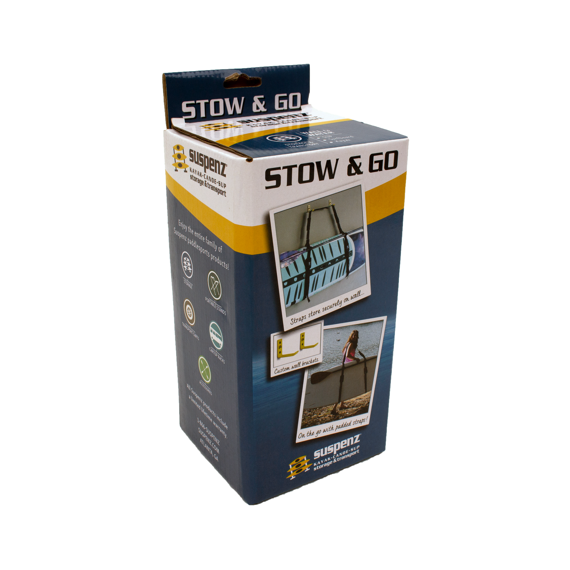 Product packaging box showing kayak storage system with straps and wall brackets
