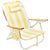 Yellow and white striped beach chair with wooden armrests and white metal frame