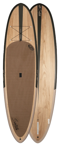Wood grain paddleboard shown from top and bottom views with dark deck pad