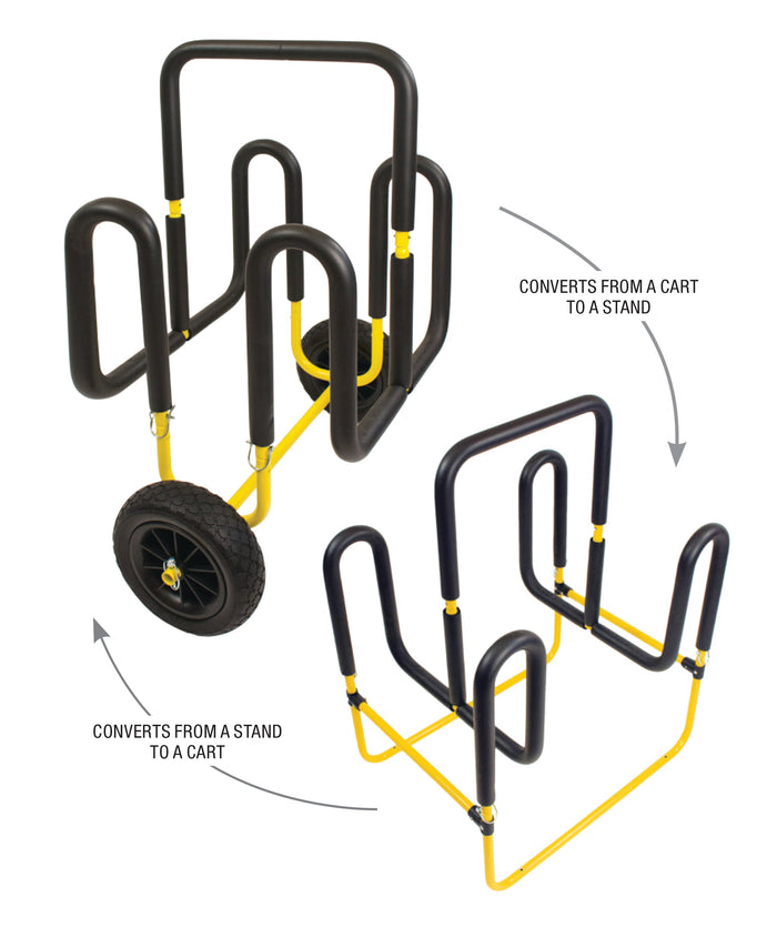 Convertible paddleboard cart and stand with wheels, showing transformation between cart and stand configurations