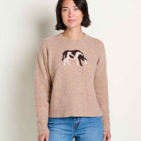 Women's crew neck knit sweater in tan with black and white animal jacquard graphic, front view