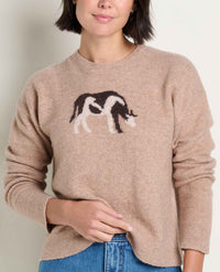 Women's beige crew neck sweater with black and white grazing horse intarsia knit graphic, front view