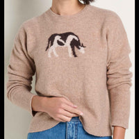 Women's crewneck sweater in tan with black and white horse graphic, front on-model view