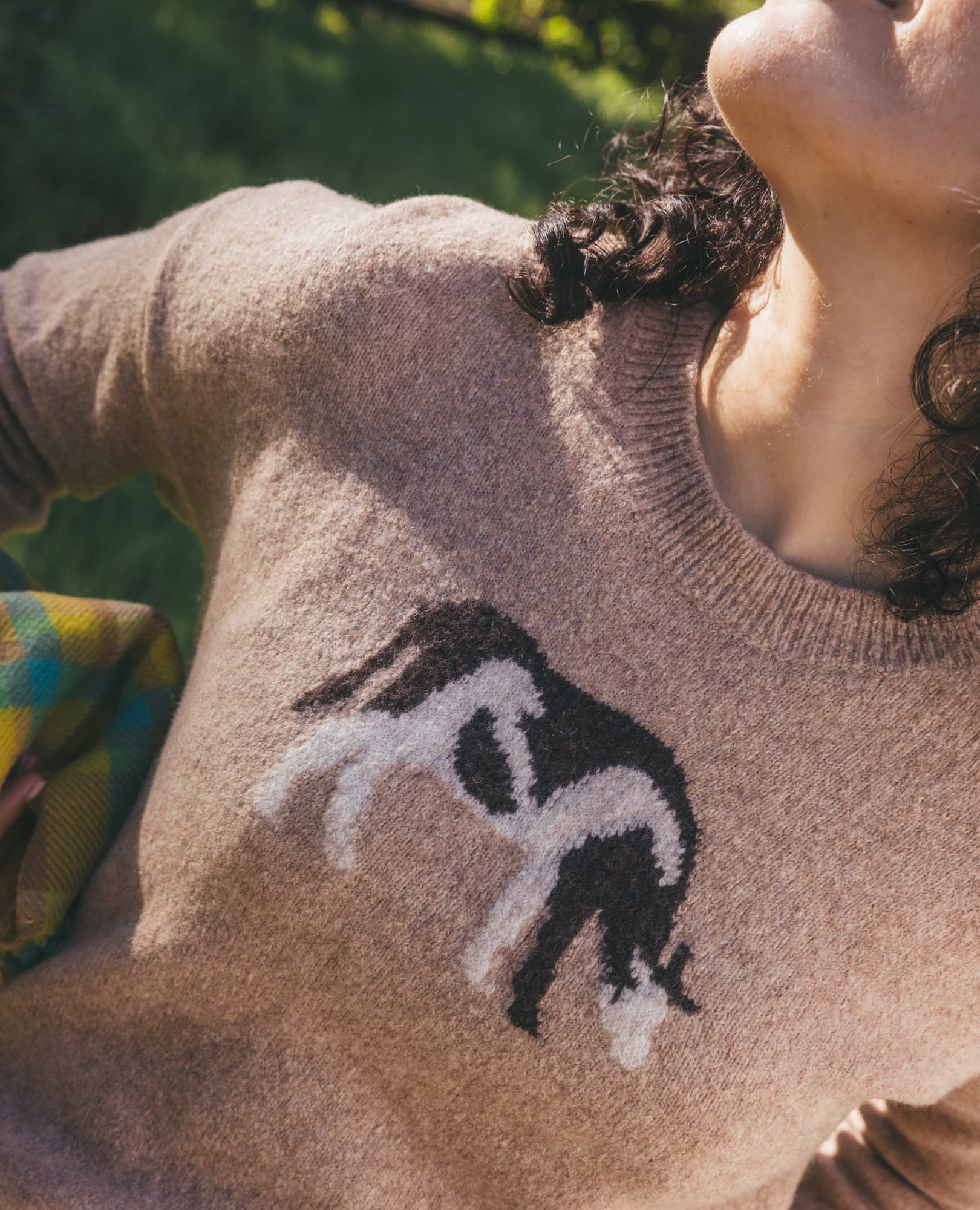 Close-up detail of crew neck sweater with black and white animal jacquard graphic on tan knit fabric
