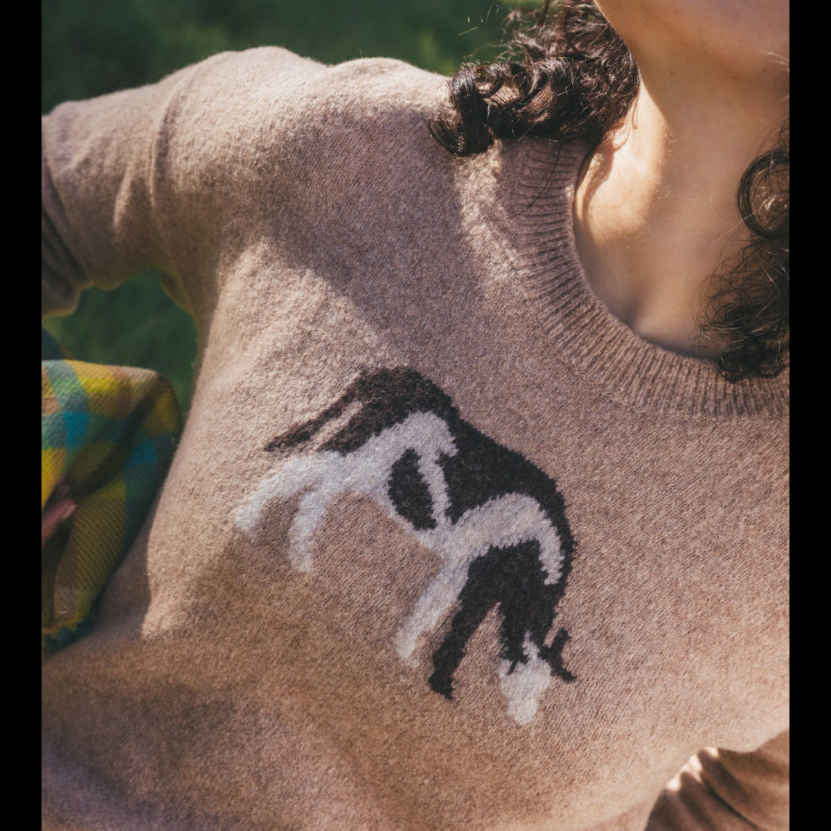 Close-up detail of a beige crew neck sweater featuring a black and white jacquard skier graphic
