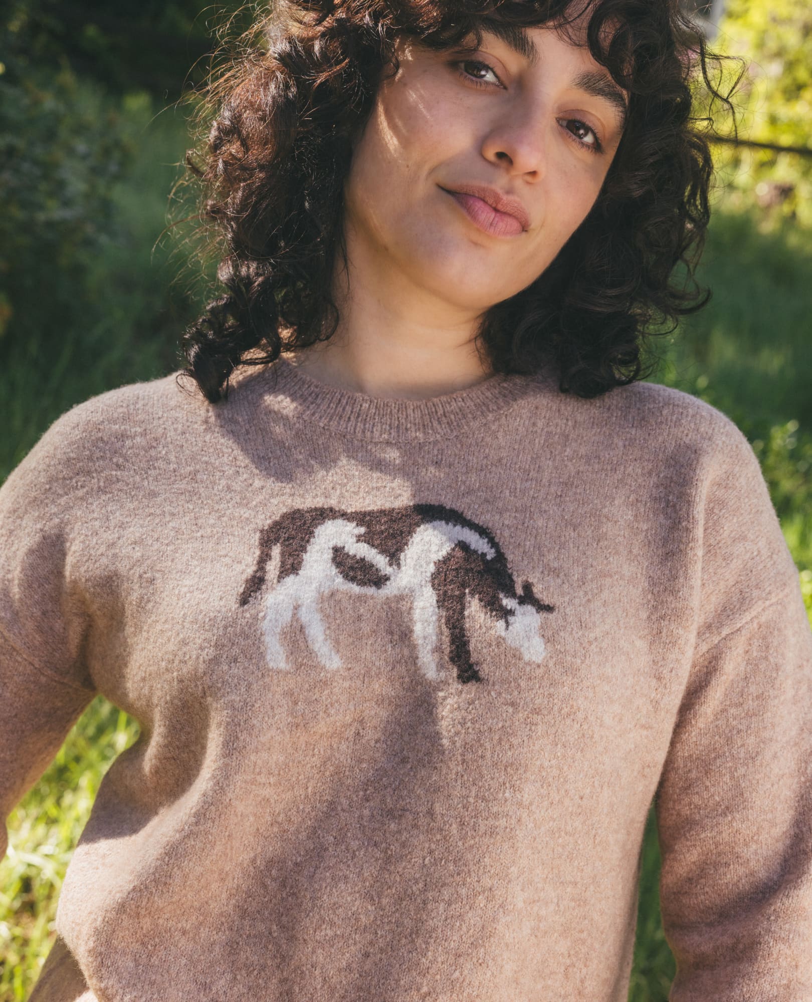Women's crewneck knit sweater in taupe with intarsia horse graphic, on-model outdoor lifestyle shot