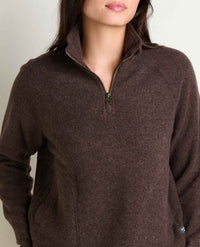 Women's quarter-zip fleece pullover in dark brown with stand collar, close-up front view