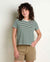 Green and white striped short-sleeve crew neck t-shirt worn with khaki shorts