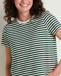 Green and white striped short-sleeve crew neck t-shirt on smiling woman