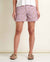 Light purple corduroy shorts with yellow floral embroidery pattern, front view on model