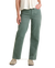 Sage green straight leg pants worn with cream top and tan shoes, front view