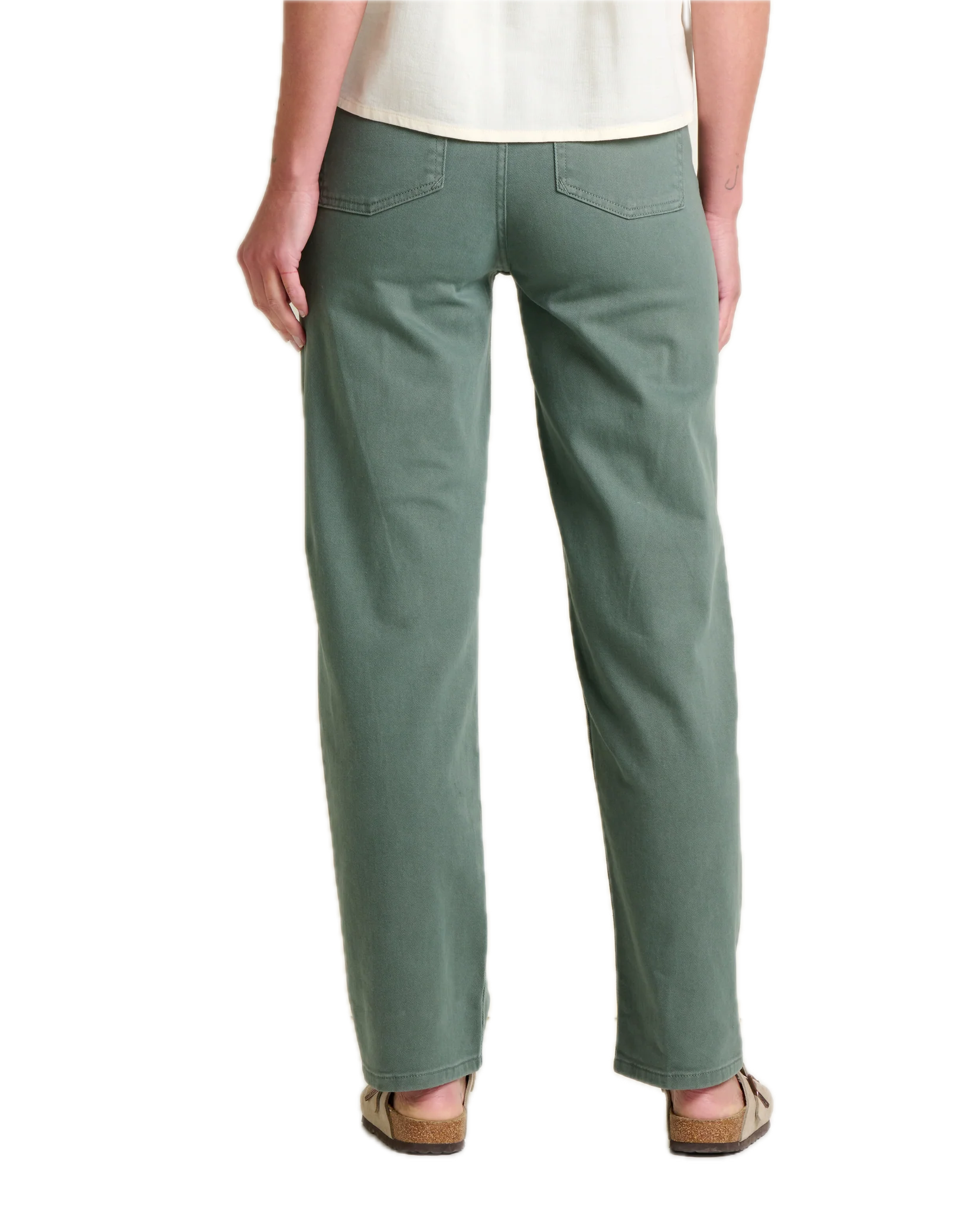 Sage green straight-leg pants with back pockets, rear view on model
