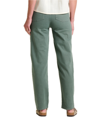 Sage green straight-leg pants with back pockets, rear view on model
