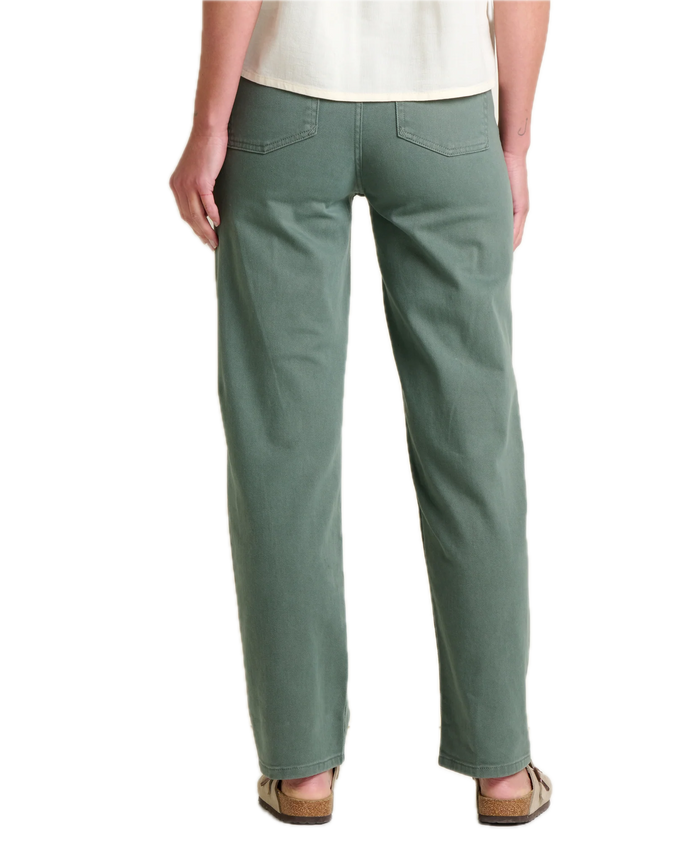 Sage green straight-leg pants with back pockets, rear view on model