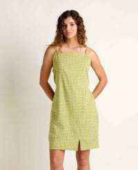 Green gingham checkered sleeveless mini dress with adjustable straps and front slit