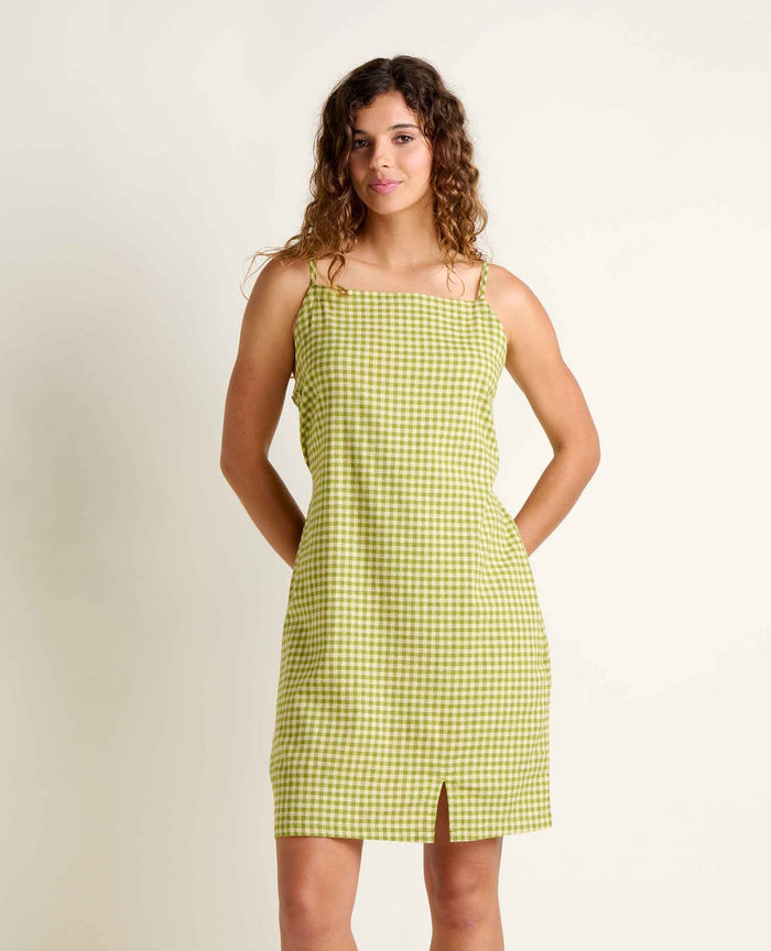 Green gingham checkered sleeveless mini dress with adjustable straps and front slit