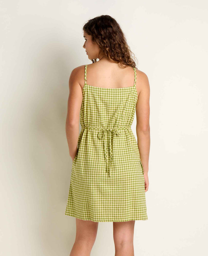 Green gingham tank dress with adjustable straps and waist tie, back view