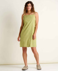 Green gingham checkered sleeveless dress with straight neckline and side slit, full length view