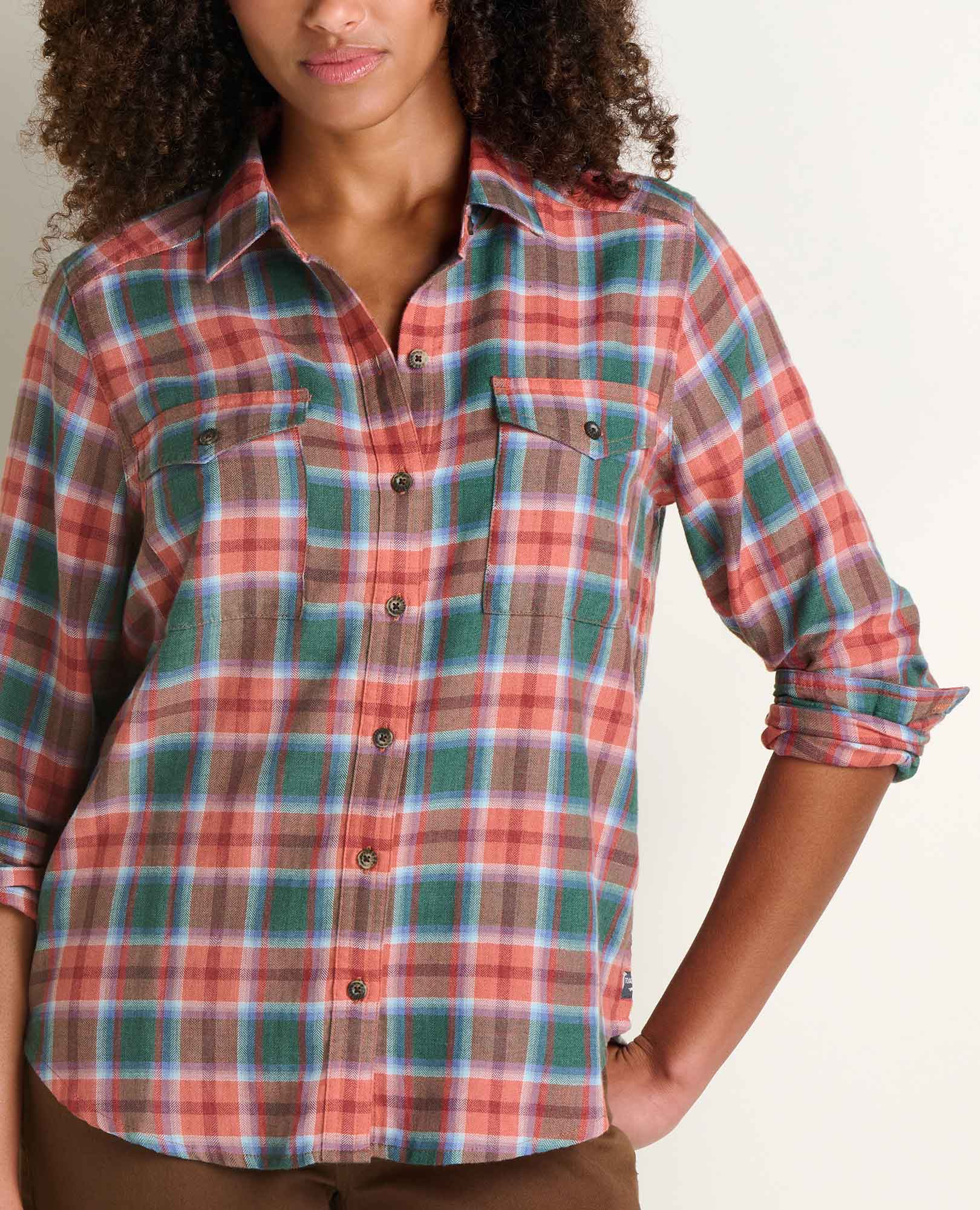 Women's plaid flannel long-sleeve button-up shirt with chest pockets, rolled sleeves, front view
