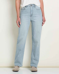 Women's high-rise straight leg light wash jeans, front view on model