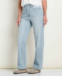 Women's high-rise straight leg light wash jeans, front three-quarter view, worn with sandals