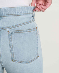 Close-up back view of light wash straight leg jeans showing rear pocket and waistband detail