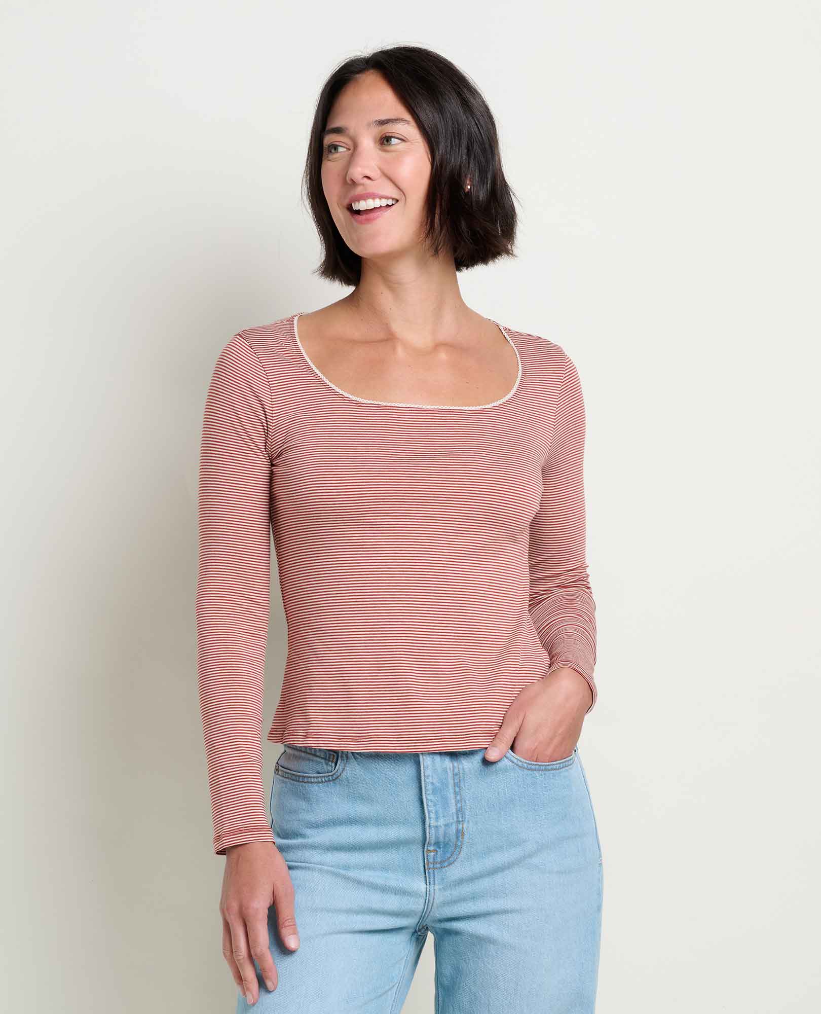 Women's long-sleeve striped tee with square neckline and contrast trim, front view