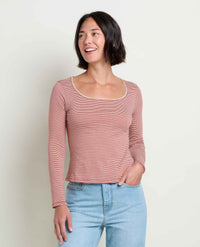 Women's long-sleeve striped tee with square neckline and contrast trim, front view