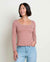 Women's long-sleeve striped tee with square neckline and contrast trim, front view