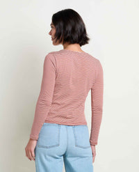 Women's long-sleeve striped fitted tee with square neck, back view, paired with light blue jeans