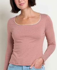 Women's long-sleeve striped tee with square neckline and lace trim, front view