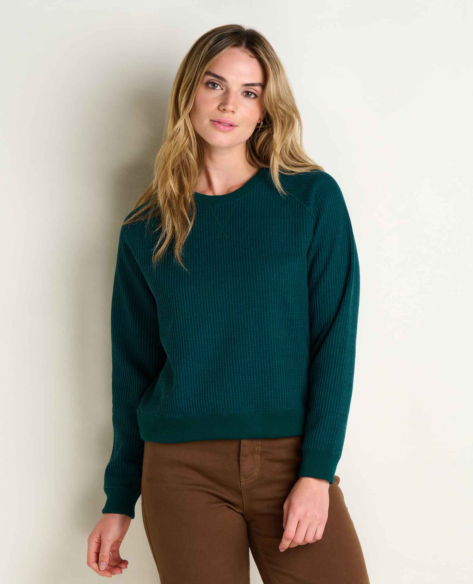 Women's ribbed knit pullover sweater in deep teal, crew neck, long sleeves, front view