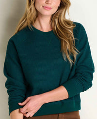 Women's ribbed long-sleeve pullover sweatshirt in deep teal, front close-up view
