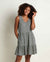Sleeveless tiered tank dress with small floral print pattern, V-neck, and knee-length hem