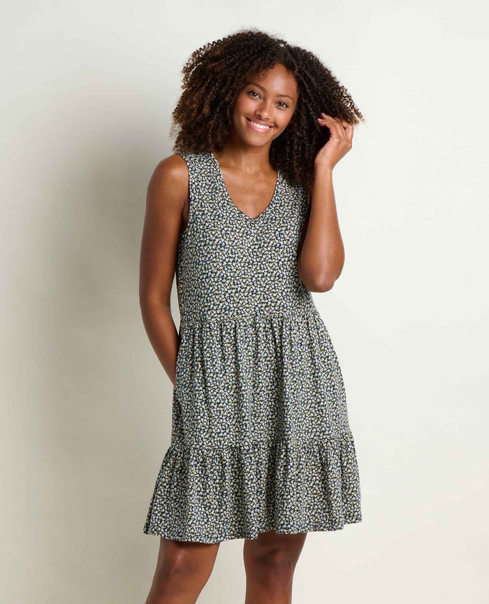 Sleeveless tiered tank dress with small floral print pattern, V-neck, and knee-length hem
