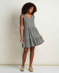 Sleeveless tiered tank dress with small floral print, V-neck, worn by model